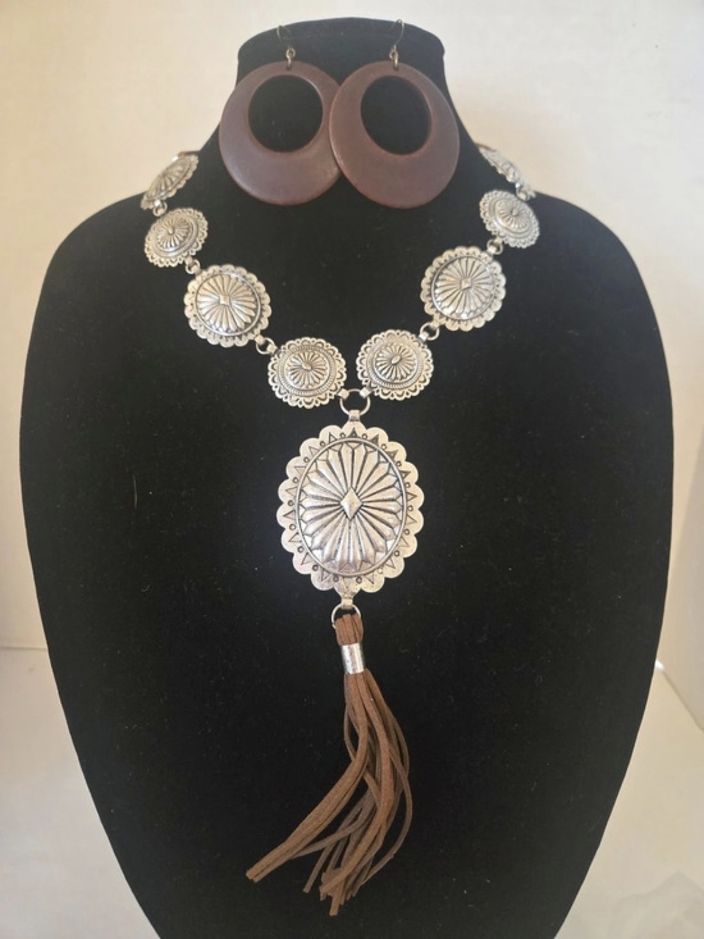 Western Statement Necklace Set Brown & Silver